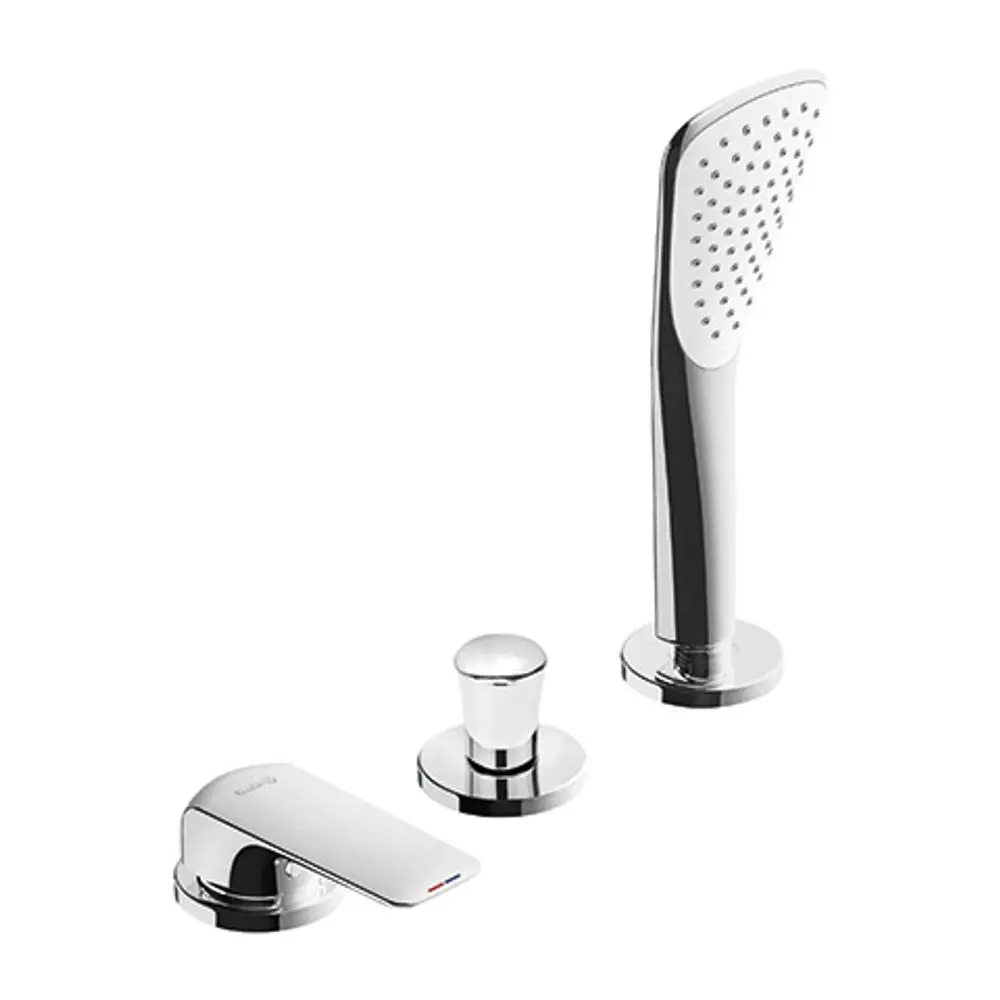 Dreiteiliges Chrom-Set von Kludi mit Ab- und Überlauf, Wannenfüller und Handbrause. Modernes Design ohne zusätzliche Dekoration.